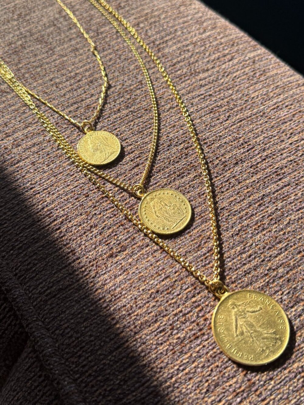BEN-AMUN 24K Gold Plated Triple Layered Coin Necklace - French Sower Medallion